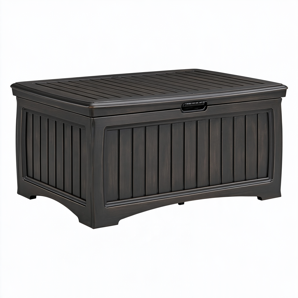 Coffre de rangement extérieur 120 x 60 x 65 cm en plastique noir à couvercle effet bois