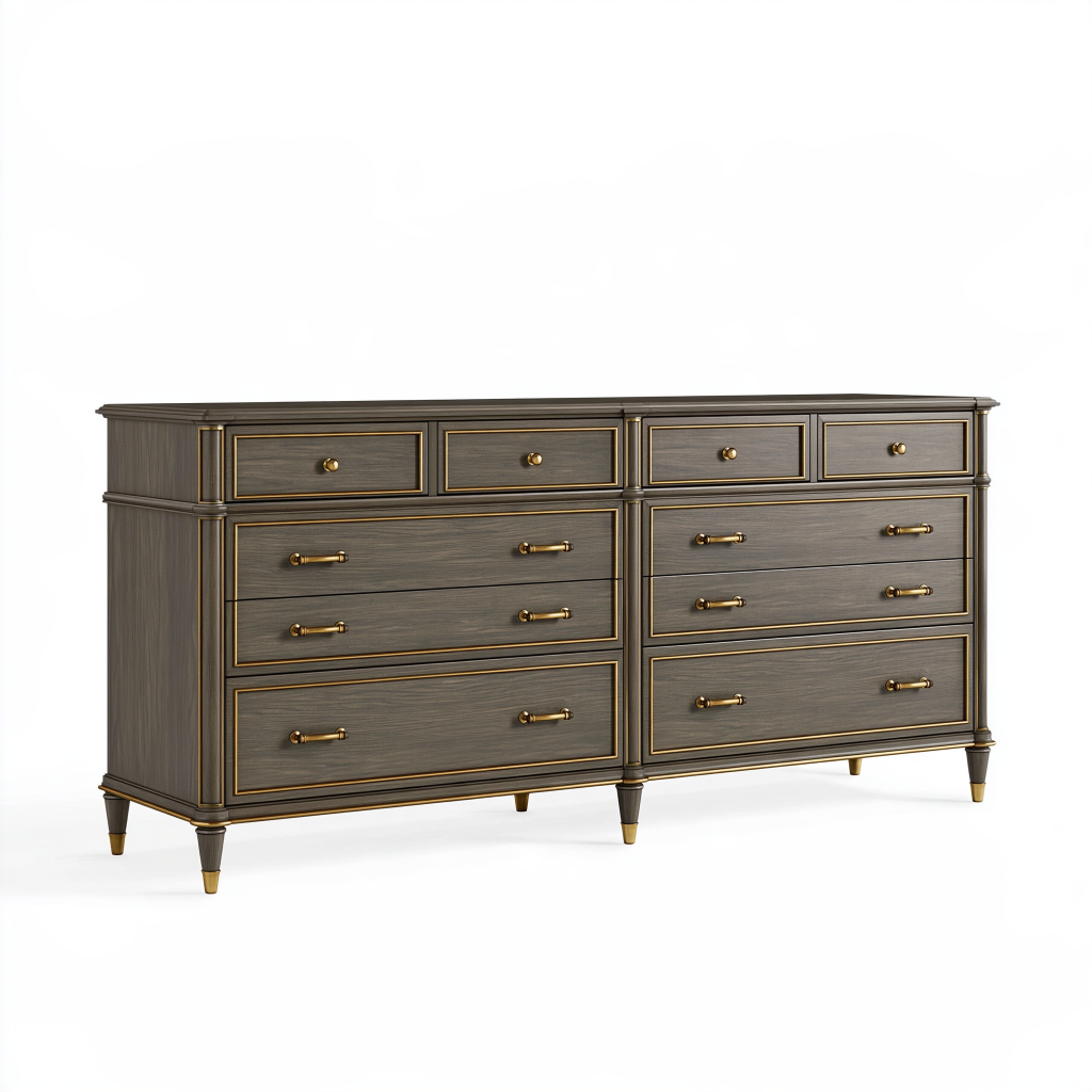 Commode 200 x 50 x 90 cm en bois gris foncé à 10 tiroirs style classique