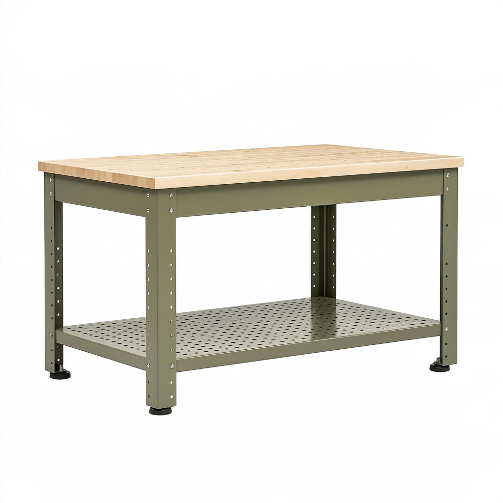 Établi 120 x 60 x 90 cm en bois et acier vert kaki avec étagère perforée réglable