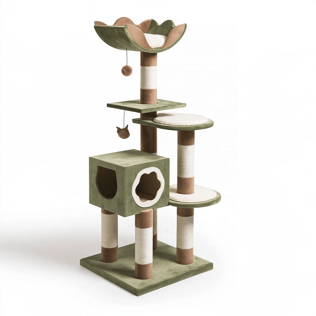 Arbre à chat 60 x 60 x 145 cm vert et beige en textile avec poteaux en sisal et plateformes