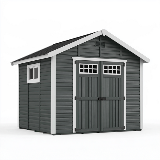 Abri de jardin 300 x 240 x 250 cm en résine gris anthracite avec portes doubles