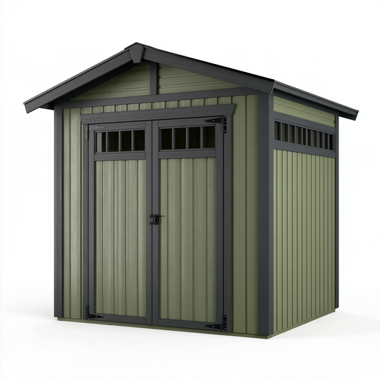 Abri de jardin 180 x 120 x 200 cm en résine vert olive avec double porte