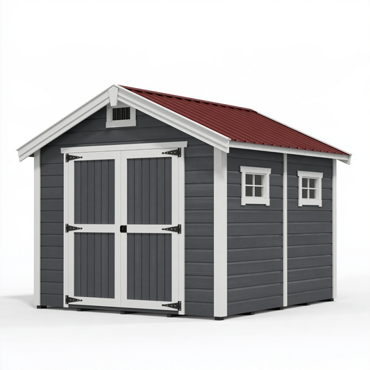 Abri de jardin 300 x 240 x 230 cm en bois gris anthracite avec toit métallique rouge style chalet
