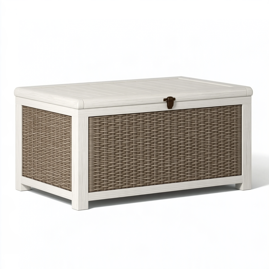 Coffre de rangement 110 x 55 x 60 cm en résine blanc/gris pour extérieur avec couvercle