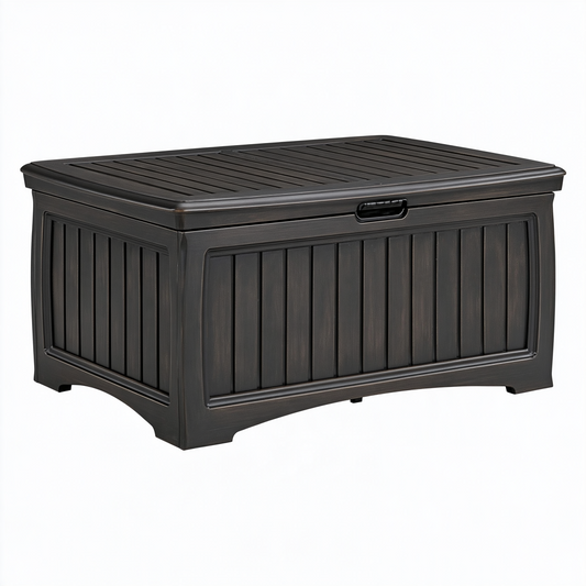 Coffre de rangement extérieur 120 x 60 x 65 cm en plastique noir à couvercle effet bois