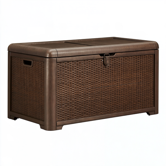 Coffre de rangement 120 x 60 x 65 cm en résine tressée marron pour extérieur avec couvercle