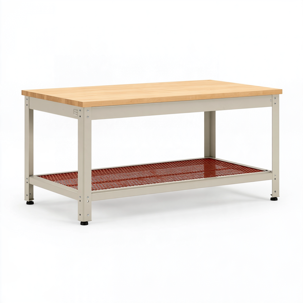 Établi 152 x 61 x 91 cm en bois et acier beige naturel avec étagère grillagée pour atelier