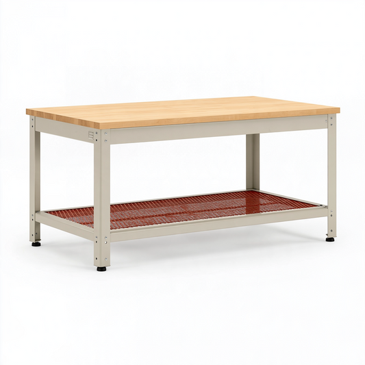 Établi 152 x 61 x 91 cm en bois et acier beige naturel avec étagère grillagée pour atelier