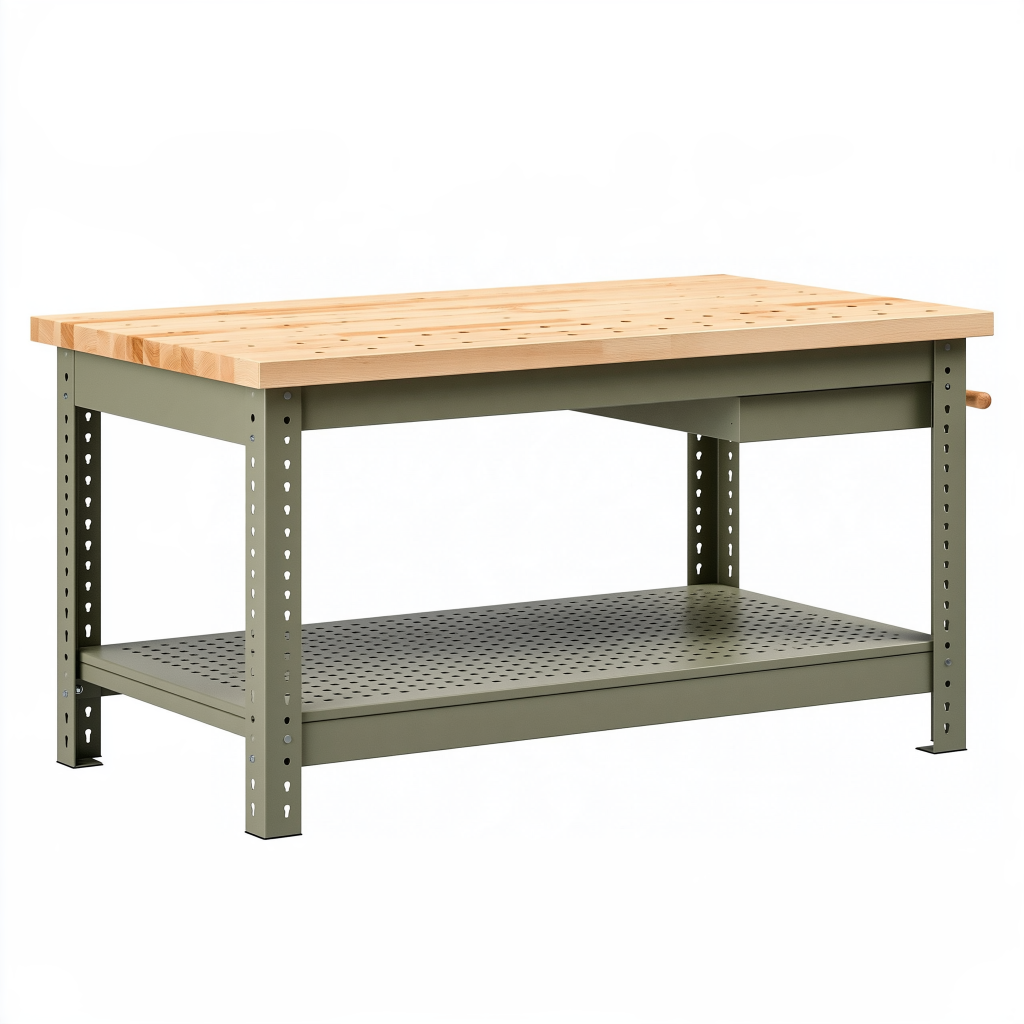 Établi 120 x 60 x 90 cm en bois et acier vert avec tablette perforée réglable