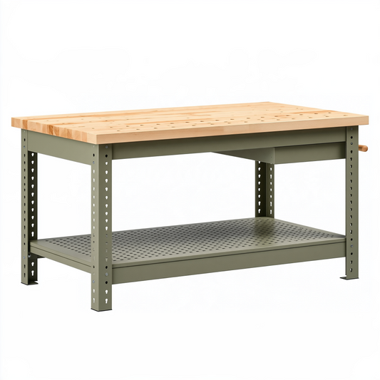 Établi 120 x 60 x 90 cm en bois et acier vert avec tablette perforée réglable