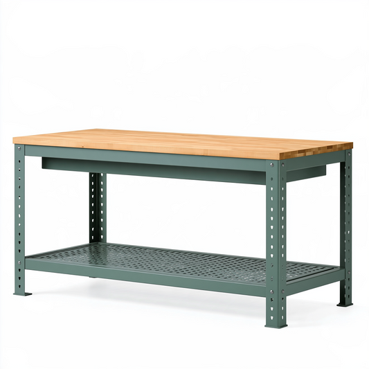 Établi 152 x 61 x 91 cm en bois et acier vert avec tablette perforée