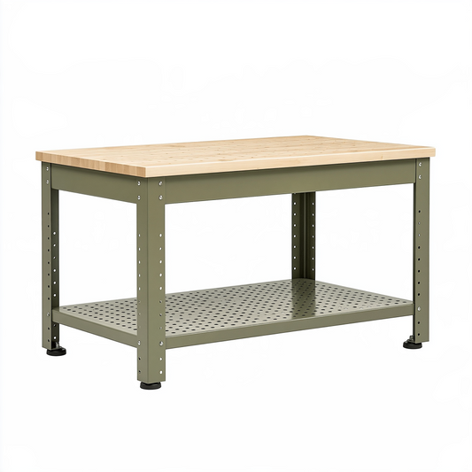 Établi 120 x 60 x 90 cm en bois et acier vert kaki avec étagère perforée réglable
