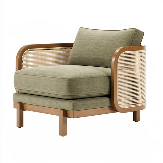 Fauteuil 85 x 78 x 82 cm en bois cannage naturel et tissu vert kaki - style contemporain
