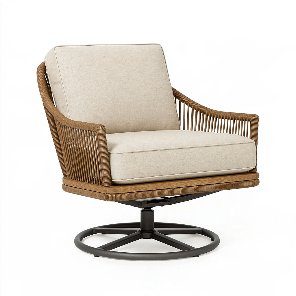 Fauteuil pivotant 82 x 78 x 92 cm en rotin synthétique marron avec coussins beige pour extérieur