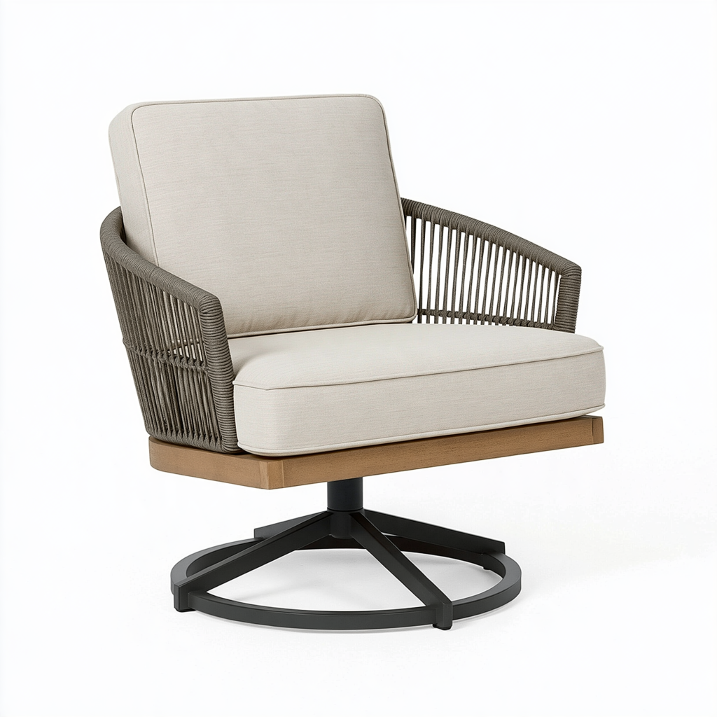Fauteuil de jardin pivotant 78 x 78 x 88 cm en corde tressée beige et bois