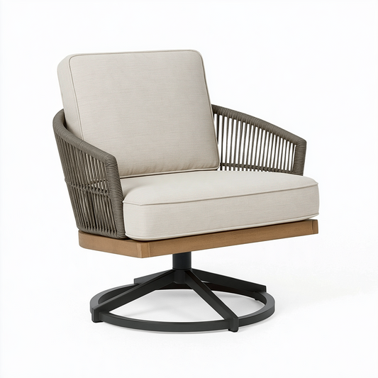 Fauteuil de jardin pivotant 78 x 78 x 88 cm en corde tressée beige et bois