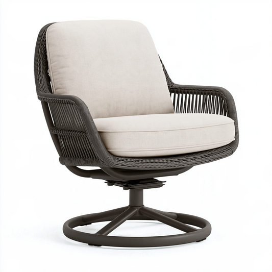 Fauteuil pivotant 85 x 82 x 92 cm en résine tressée gris foncé avec coussins beige pour extérieur