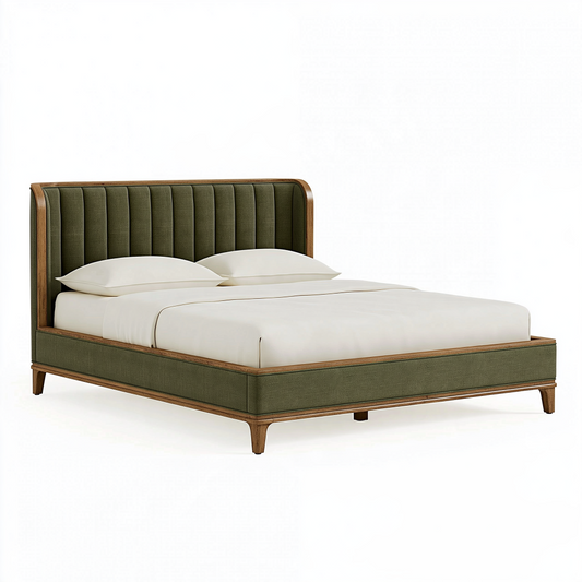 Lit double 160 x 200 cm en bois et tissu vert style contemporain