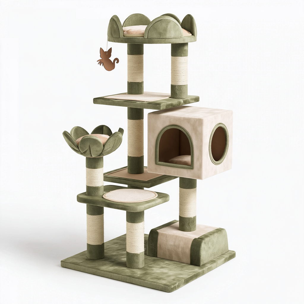 Arbre à chat 60 x 60 x 145 cm en sisal et tissu vert beige avec niches et plateformes