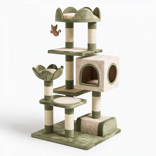 Arbre à chat 60 x 60 x 145 cm en sisal et tissu vert beige avec niches et plateformes
