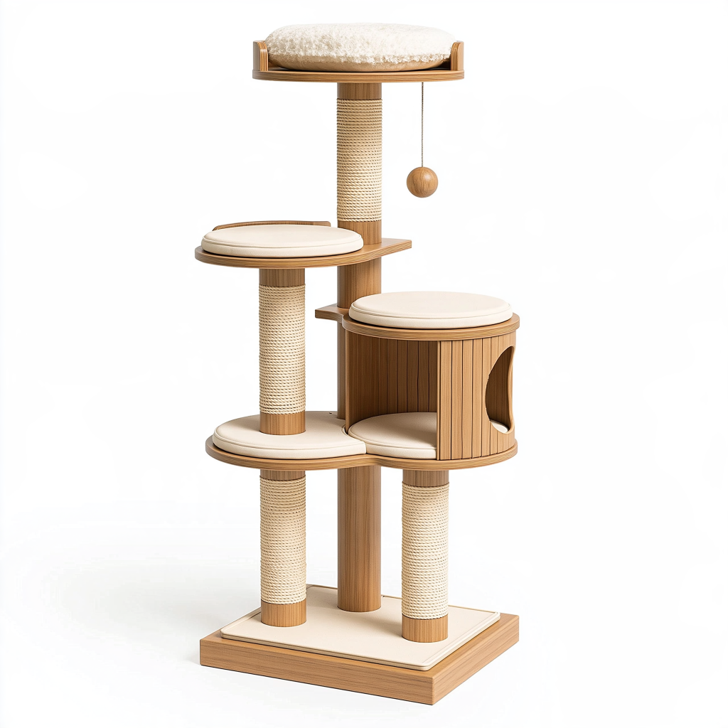 Arbre à chat 60 x 60 x 170 cm en bois naturel et sisal avec plateformes et niche