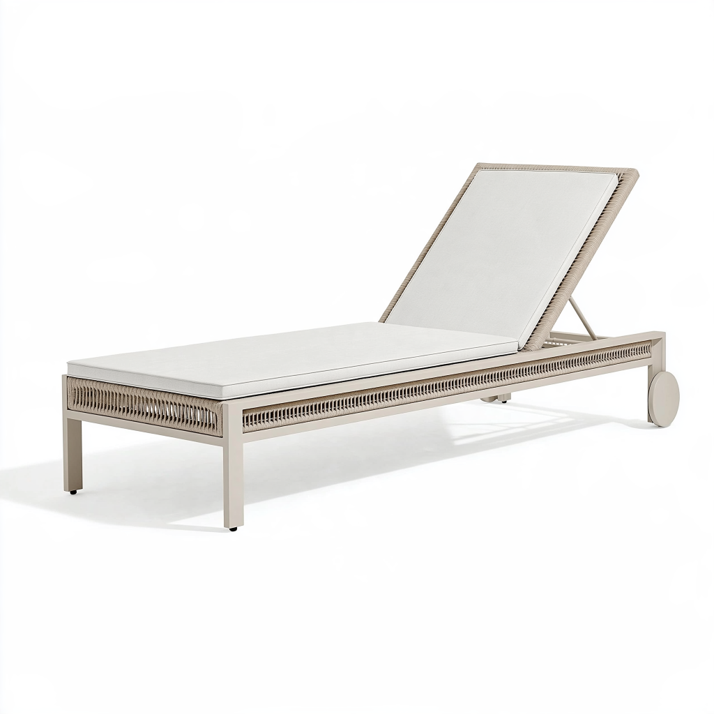 Transat de jardin 200 cm en aluminium beige avec dossier réglable et roulettes
