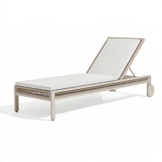 Transat de jardin 200 cm en aluminium beige avec dossier réglable et roulettes